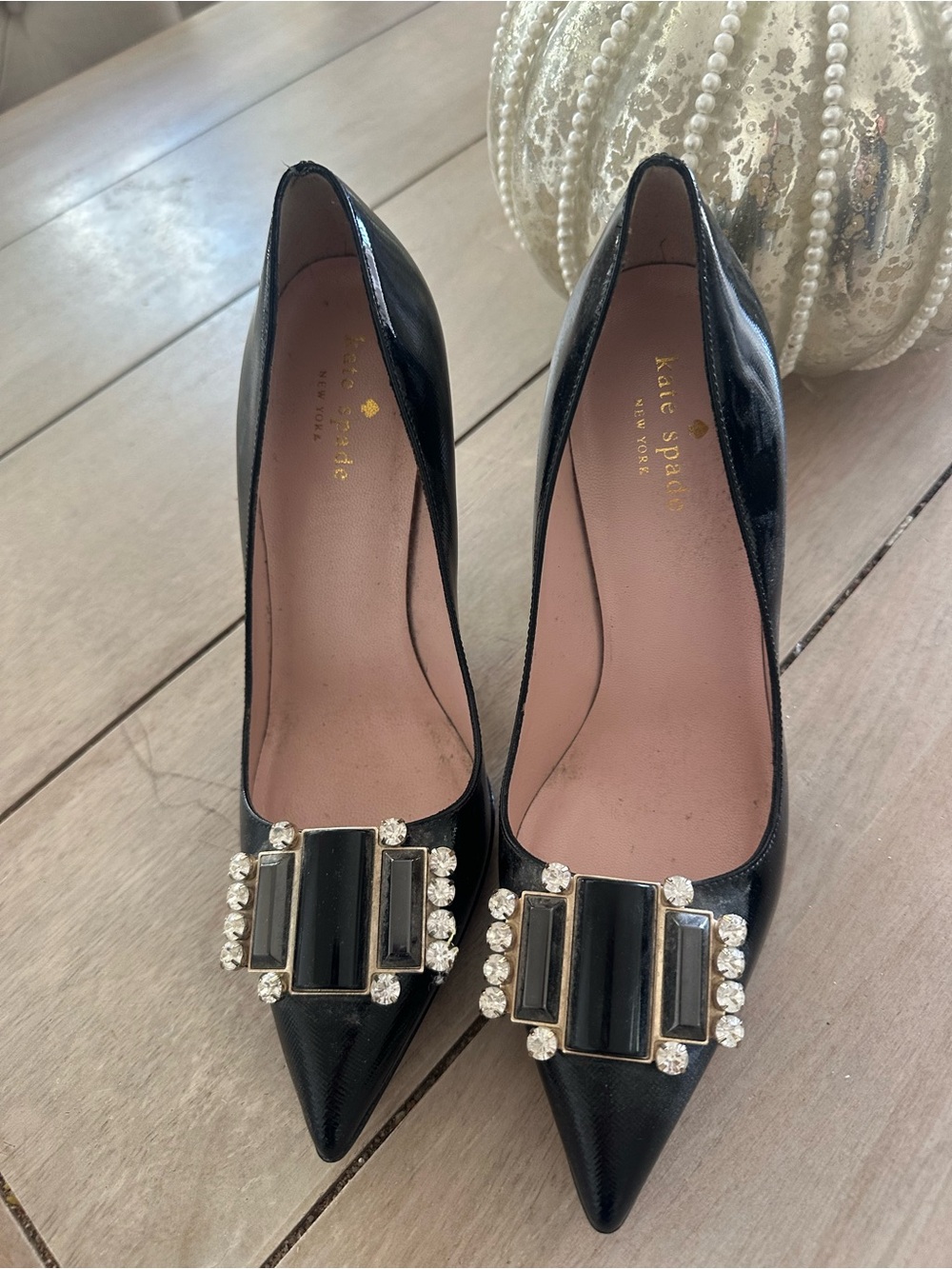 kate spade Black Pointed Toe Crystal Buckle Pumps